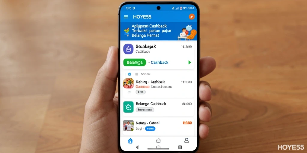 Tampilan antarmuka HOYE55 menampilkan promosi cashback yang menarik.